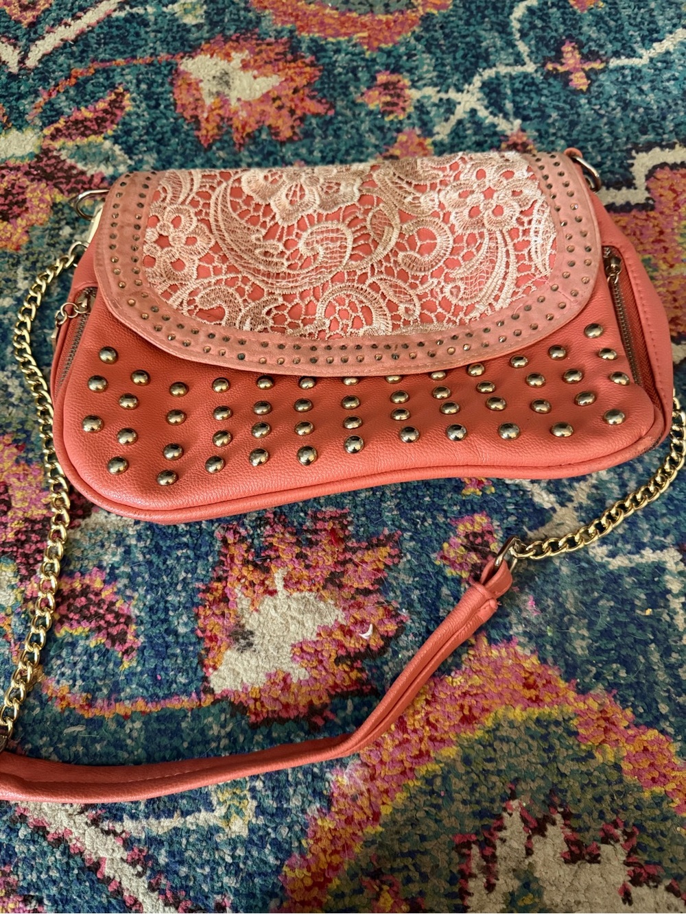 Stylish Coral Lace & Stud Crossbody Bag